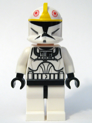 This LEGO minifigure is called, Clone Trooper Pilot (Phase 1), Yellow Markings, Large Eyes . It's minifig ID is sw0191.