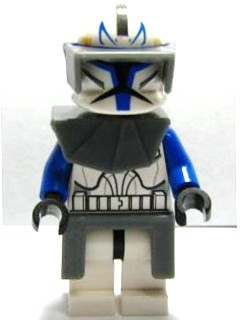 This LEGO minifigure is called, Clone Trooper Captain Rex, 501st Legion (Phase 1), Dark Bluish Gray Visor, Pauldron, and Kama, Large Eyes . It's minifig ID is sw0194.