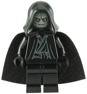 This LEGO minifigure is called, Emperor Palpatine, Light Bluish Gray Head, Black Hands . It's minifig ID is sw0210.