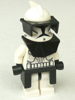 This LEGO minifigure is called, Clone Trooper (Phase 1), Black Visor, Pauldron, and Kama, Large Eyes . It's minifig ID is sw0223.