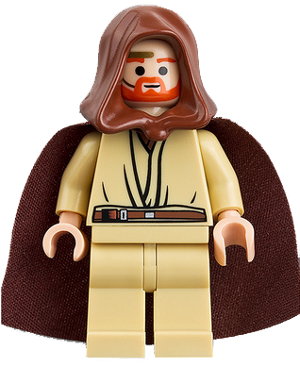 Display of LEGO Star Wars Obi-Wan Kenobi, Young, Light Nougat, Reddish Brown Hood and Cape, Gold Headset