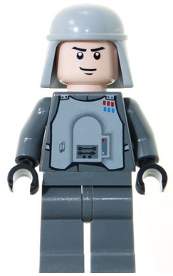 Display of LEGO Star Wars Imperial Officer with Battle Armor (Captain / Commandant / Commander), Dark Bluish Gray Legs, Smirk