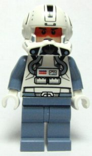 This LEGO minifigure is called, Clone Trooper Pilot (Phase 2), Sand Blue Arms and Legs, Frown . It's minifig ID is sw0266.