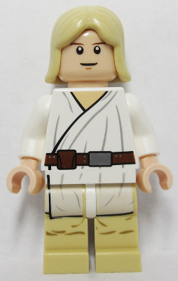 Display of LEGO Star Wars Luke Skywalker, Light Nougat, Long Hair, White Tunic, Tan Legs, White Glints