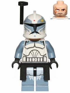 This LEGO minifigure is called, Clone Trooper Commander Wolffe, 104th Battalion 'Wolfpack' (Phase 1), Black Rangefinder and Kama, Sand Blue Markings, Large Eyes . It's minifig ID is sw0330.