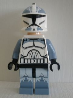 This LEGO minifigure is called, Clone Trooper, 104th Battalion 'Wolfpack' (Phase 1), Sand Blue Markings, White Jet Pack, Large Eyes . It's minifig ID is sw0331.
