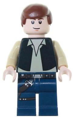 This LEGO minifigure is called, Han Solo, Black Vest, Dark Blue Legs, Eyes with Pupils . It's minifig ID is sw0334.