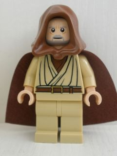 This LEGO minifigure is called, Obi-Wan Kenobi, Old, Light Nougat, Reddish Brown Hood and Cape, White Pupils . It's minifig ID is sw0336.