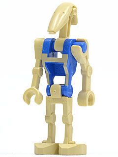 This LEGO minifigure is called, Battle Droid Pilot with Blue Torso with Tan Insignia and One Straight Arm . It's minifig ID is sw0360.