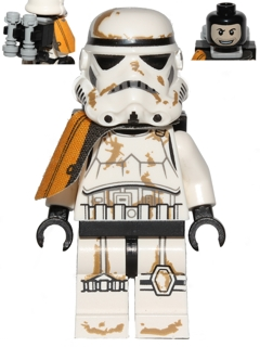 This LEGO minifigure is called, Sandtrooper, Orange Pauldron, Survival Backpack, Dirt Stains, Balaclava Head Print and Helmet with Dotted Mouth Pattern . It's minifig ID is sw0364.