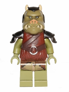 This LEGO minifigure is called, Gamorrean Guard (Olive Green, Detailed) . It's minifig ID is sw0405.