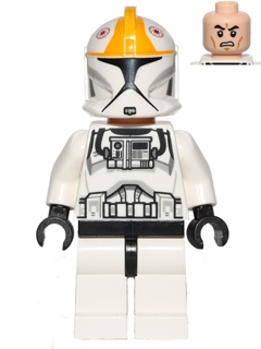 This LEGO minifigure is called, Clone Trooper Pilot (Phase 1), Bright Light Orange Markings, Scowl . It's minifig ID is sw0491.