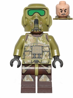 This LEGO minifigure is called, Clone Scout Trooper, 41st Elite Corps (Phase 2), Kashyyyk Camouflage, Scowl . It's minifig ID is sw0518.