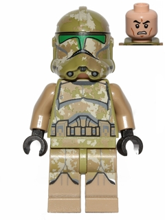 This LEGO minifigure is called, Clone Trooper, 41st Elite Corps (Phase 2), Kashyyyk Camouflage, Scowl . It's minifig ID is sw0519.