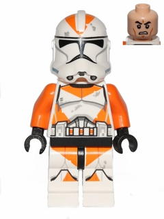 This LEGO minifigure is called, Clone Trooper, 212th Attack Battalion (Phase 2), Orange Arms, Dirt Stains, Scowl . It's minifig ID is sw0522.