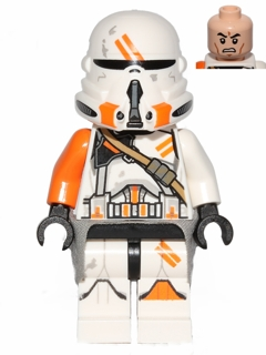 This LEGO minifigure is called, Clone Airborne Trooper, 212th Attack Battalion (Phase 2), Orange Arm, Dirt Stains, Light Bluish Gray Cloth Kama, Scowl . It's minifig ID is sw0523.