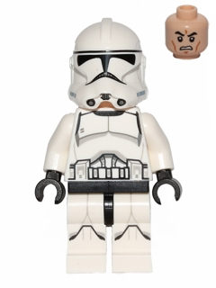 This LEGO minifigure is called, Clone Trooper (Phase 2), Scowl . It's minifig ID is sw0541.