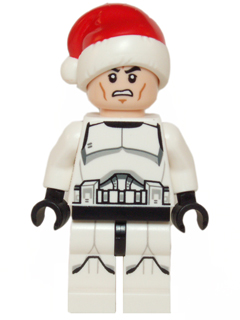 This LEGO minifigure is called, Clone Trooper, Printed Legs, Santa Hat, Scowl *Never assembled. It's minifig ID is sw0596.