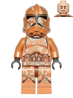 This LEGO minifigure is called, Clone Trooper (Phase 2), Geonosis Camouflage, Scowl . It's minifig ID is sw0606.