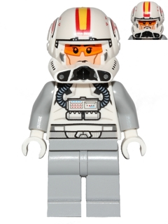 This LEGO minifigure is called, Clone Trooper Pilot (Phase 2), Light Bluish Gray Arms and Legs, Cheek Lines . It's minifig ID is sw0608.