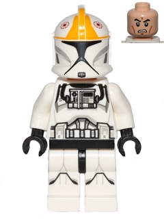 This LEGO minifigure is called, Clone Trooper Pilot (Phase 1), Bright Light Orange Markings, Printed Legs, Scowl . It's minifig ID is sw0609.