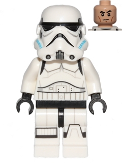 This LEGO minifigure is called, Imperial Stormtrooper, Printed Legs, Dark Azure Helmet Vents, Frown . It's minifig ID is sw0617.