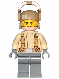 This LEGO minifigure is called, Resistance Trooper, Tan Jacket, Frown, Cheek Lines . It's minifig ID is sw0698.