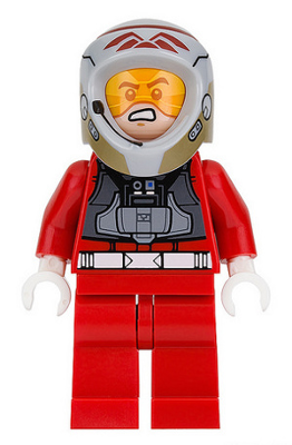 This LEGO minifigure is called, Rebel Pilot A-wing (Open Helmet, Red Jumpsuit) . It's minifig ID is sw0757.