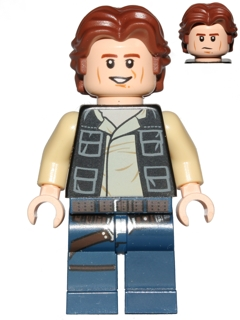 This LEGO minifigure is called, Han Solo, Dark Blue Legs, Vest with Pockets, Wavy Hair . It's minifig ID is sw0771.