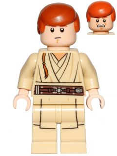 This LEGO minifigure is called, Obi-Wan Kenobi (Young, Printed Legs, without Cape) *Includes lightsaber. It's minifig ID is sw0812.