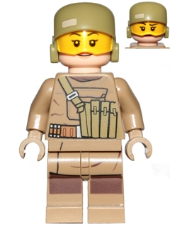 Display of LEGO Star Wars Resistance Trooper (Female), Dark Tan Hoodie Jacket, Ammo Pouch, Helmet without Chin Guard