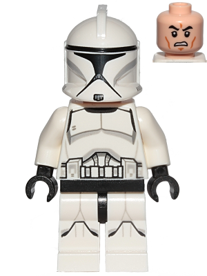This LEGO minifigure is called, Clone Trooper (Phase 1), Printed Legs, Scowl with blaster from 75206. It's minifig ID is sw0910.