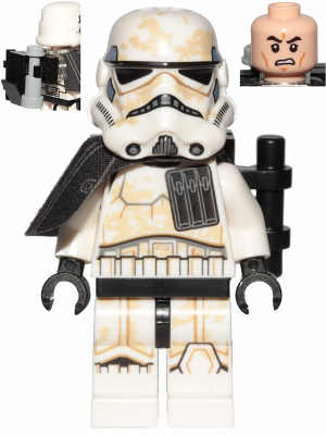 This LEGO minifigure is called, Sandtrooper (Enlisted), Black Pauldron, Ammo Pouch, Dirt Stains, Survival Backpack . It's minifig ID is sw0960.