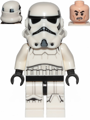 This LEGO minifigure is called, Imperial Stormtrooper (Dual Molded Helmet, Gray Squares on Back), Male, Light Nougat Head, Scowl *Includes stud shooter. It's minifig ID is sw0997b.