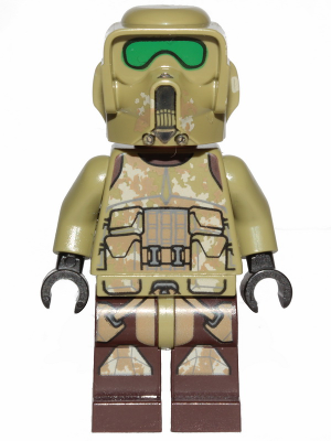 This LEGO minifigure is called, Clone Scout Trooper, 41st Elite Corps (Phase 2), Kashyyyk Camouflage, Dark Tan Markings on Legs, Scowl . It's minifig ID is sw1002.