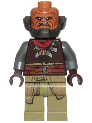 This LEGO minifigure is called, Klatooinian Raider with Armor Neck *with blaster. It's minifig ID is sw1059.