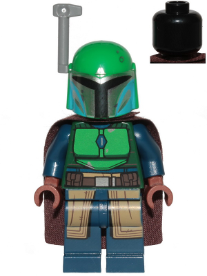 Display of LEGO Star Wars Mandalorian Tribe Warrior, Female, Dark Brown Cape, Green Helmet with Antenna / Rangefinder