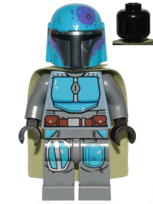 Display of LEGO Star Wars Mandalorian Tribe Warrior, Male, Olive Green Cape, Dark Azure Helmet