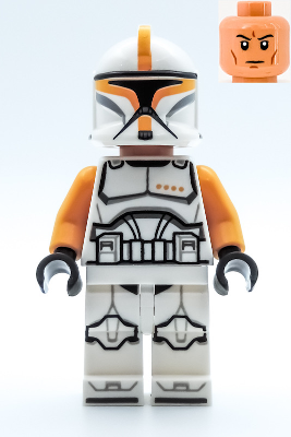 This LEGO minifigure is called, Clone Trooper Commander (Phase 1), Bright Light Orange Arms, Nougat Head. It's minifig ID is sw1146.