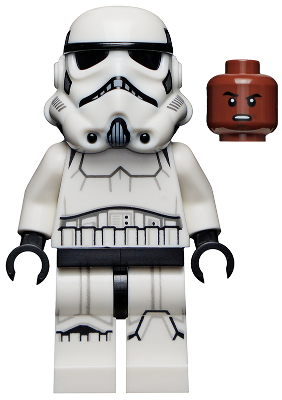 This LEGO minifigure is called, Imperial Stormtrooper, Male, Dual Molded Helmet with Gray Squares on Back, Reddish Brown Head, Grimace Includes blaster. It's minifig ID is sw1167.