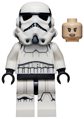 This LEGO minifigure is called, Imperial Stormtrooper, Female, Dual Molded Helmet with Gray Squares on Back, Light Nougat Head, Angry Smile Includes blaster. It's minifig ID is sw1168.