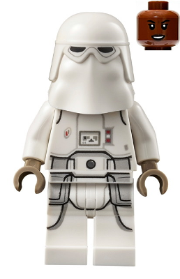 This LEGO minifigure is called, Snowtrooper, Female, Printed Legs, Dark Tan Hands, Reddish Brown Head, Open Mouth Smirk *Includes blaster. It's minifig ID is sw1180.