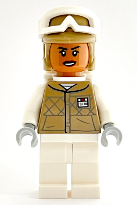 This LEGO minifigure is called, Hoth Rebel Trooper Dark Tan Uniform and Helmet, White Legs, Female . It's minifig ID is sw1185.
