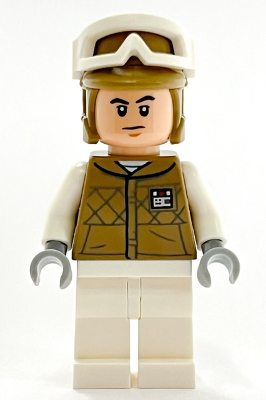 Display of LEGO Star Wars Hoth Rebel Trooper Dark Tan Uniform and Helmet, White Legs