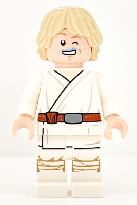 This LEGO minifigure is called, Luke Skywalker (Tatooine, White Legs, Blue Milk on Mouth) *with blue milk carton. It's minifig ID is sw1198.
