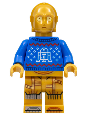 This LEGO minifigure is called, C-3PO, Holiday Sweater . It's minifig ID is sw1238.