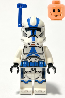 This LEGO minifigure is called, Clone Trooper Officer, 501st Legion (Phase 2), White Arms, Blue Rangefinder, Nougat Head, Helmet with Holes. It's minifig ID is sw1246.