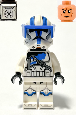 This LEGO minifigure is called, Clone Heavy Trooper, 501st Legion (Phase 2), White Arms, Blue Visor, Backpack, Nougat Head, Helmet with Holes. It's minifig ID is sw1247.