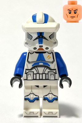 This LEGO minifigure is called, Clone Trooper Specialist, 501st Legion (Phase 2), Blue Arms, Macrobinoculars, Nougat Head, Helmet with Holes. It's minifig ID is sw1248.
