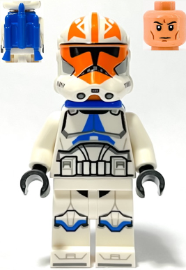 This LEGO minifigure is called, Clone Trooper, 501st Legion, 332nd Company (Phase 2), Helmet with Holes and Togruta Markings, Blue Jet Pack . It's minifig ID is sw1276.